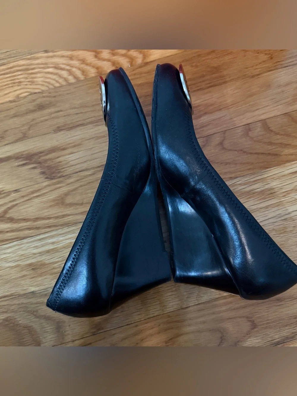 Tory Burch Sally Black Leather Silver Logo Wedge Pumps 6.5 NEW